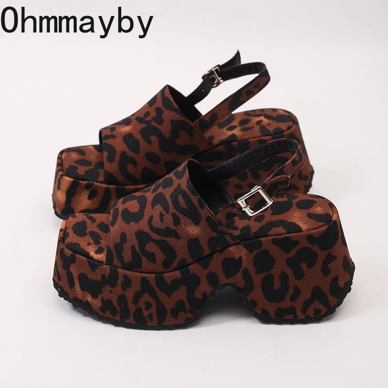 Women's Leopard Platform Wedge Sandals Open Toe Buckle Heels Platform Wedge Sandals Axl