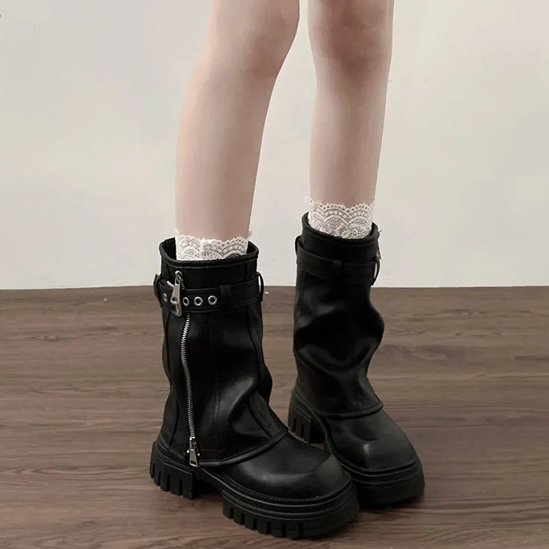 Women's Winter Platform Biker Boots – Belt Buckle Mid-Calf Women's Platform Boots Axl