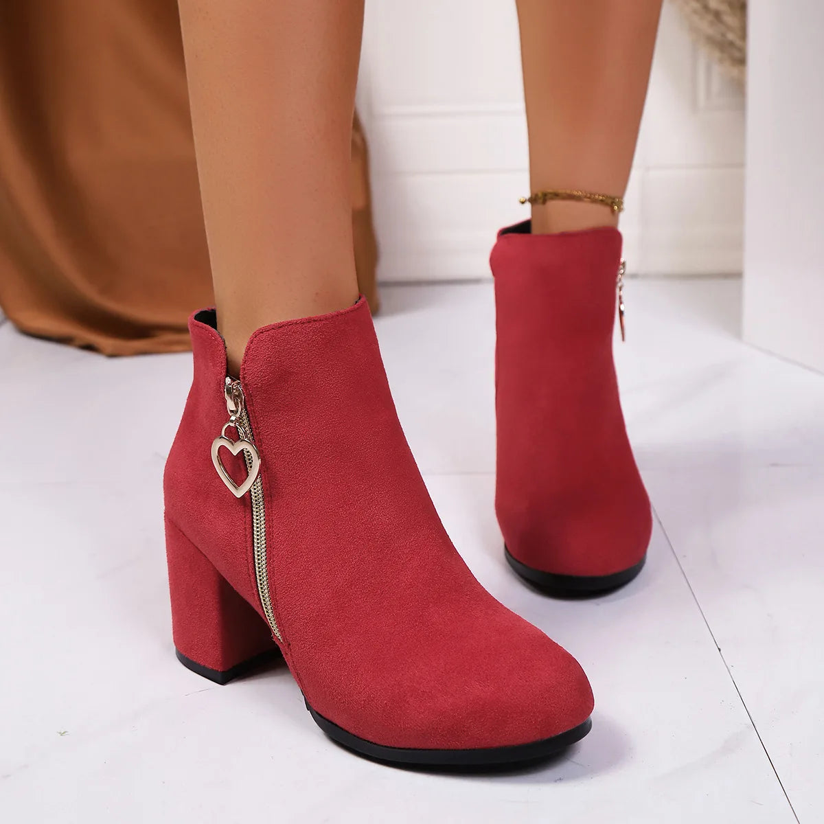 Women's Retro Block Heel Ankle Boots – Suede Zip Style Ankle Boots Axl