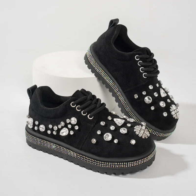 Women's Rhinestone Platform Sneakers | Crystal Suede Shoes Platform Sneakers Axl black 37