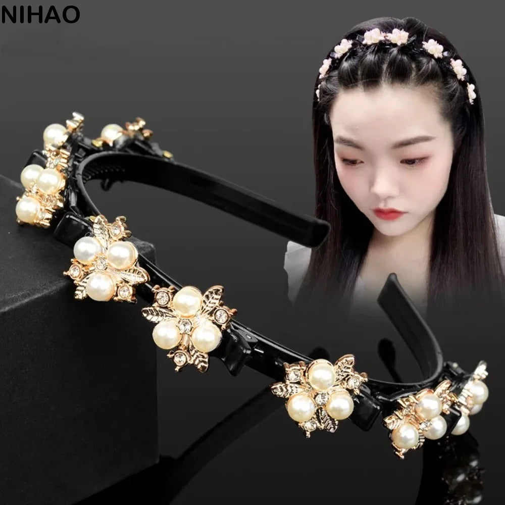 Rhinestone Pearl Flower Hair Braider Toothed Headband | Zircon Decorative Headband Axl