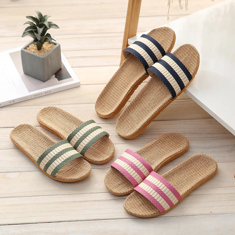 Striped Linen Slippers – Non-Slip EVA Breathable Indoor Sandals Linen Indoor Slippers Axl