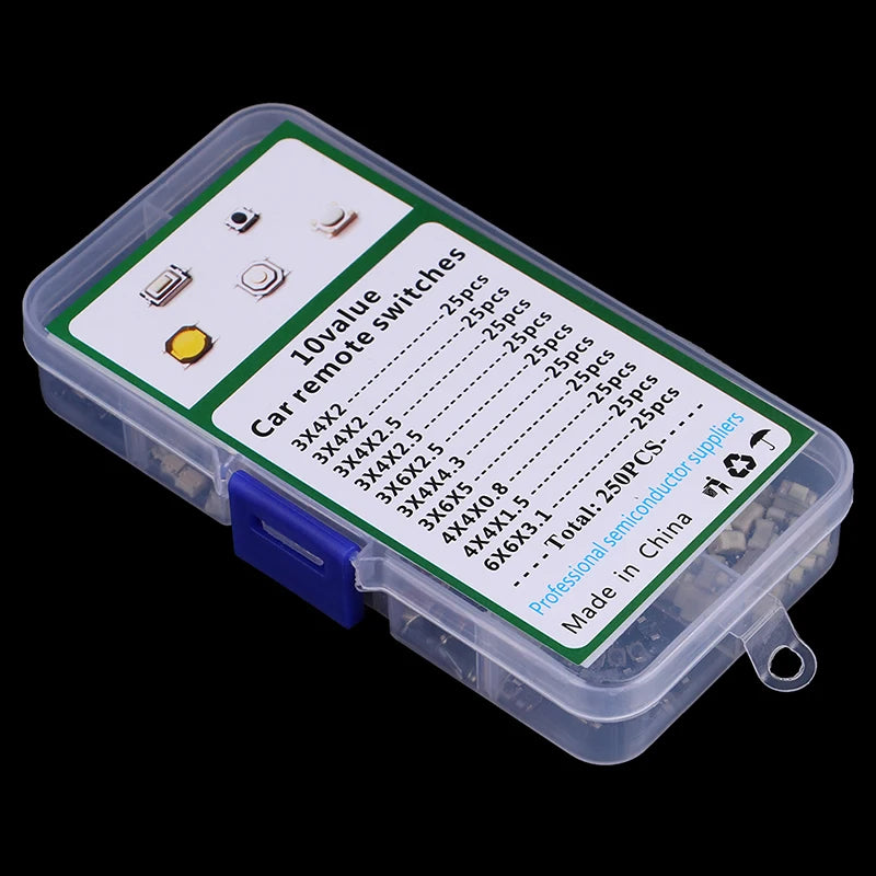 250Pcs Tactile Push Button Switch Kit – 10 Types Microswitch Microswitch Assortment Kit Axl