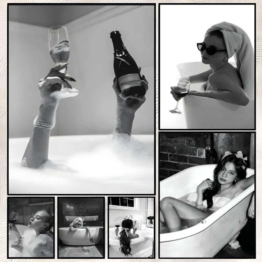Woman Drinking Wine in Bathtub Poster – Self-Stick Wall Art Wall Art Poster Axl