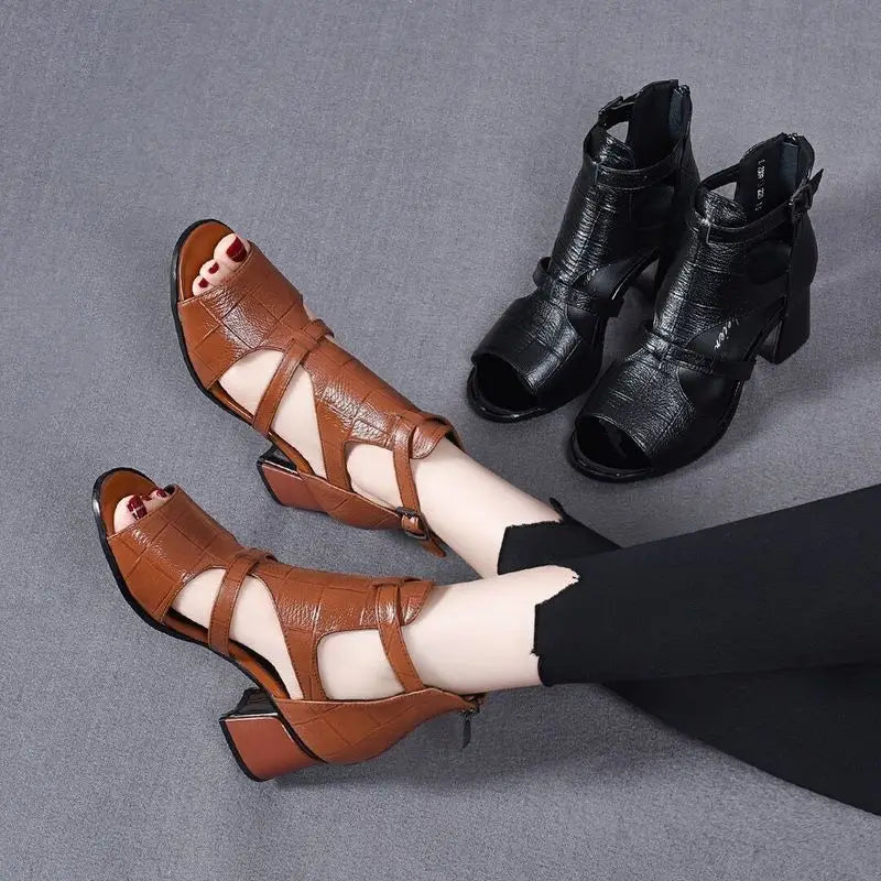 Women's Chunky Heel Open Toe Sandals – Back Zip Roman Style Heeled Sandals Axl