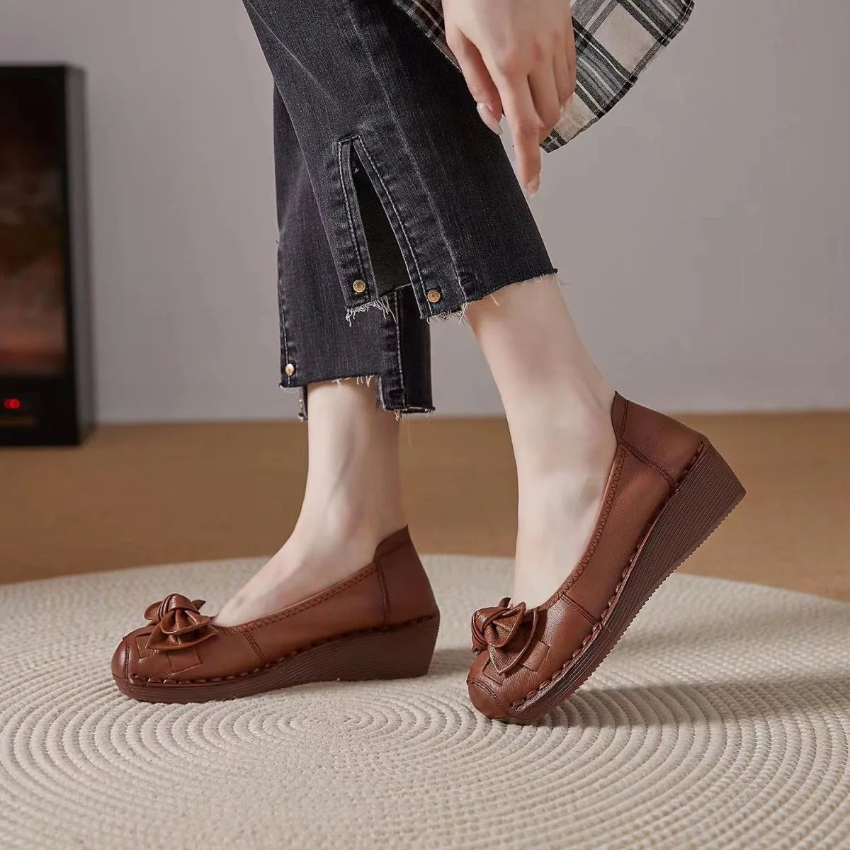 Women's Wedge Loafers – Bowknot Slip-On Pumps, Non-Slip Wedge Loafer Pumps Axl Dark Brown 39