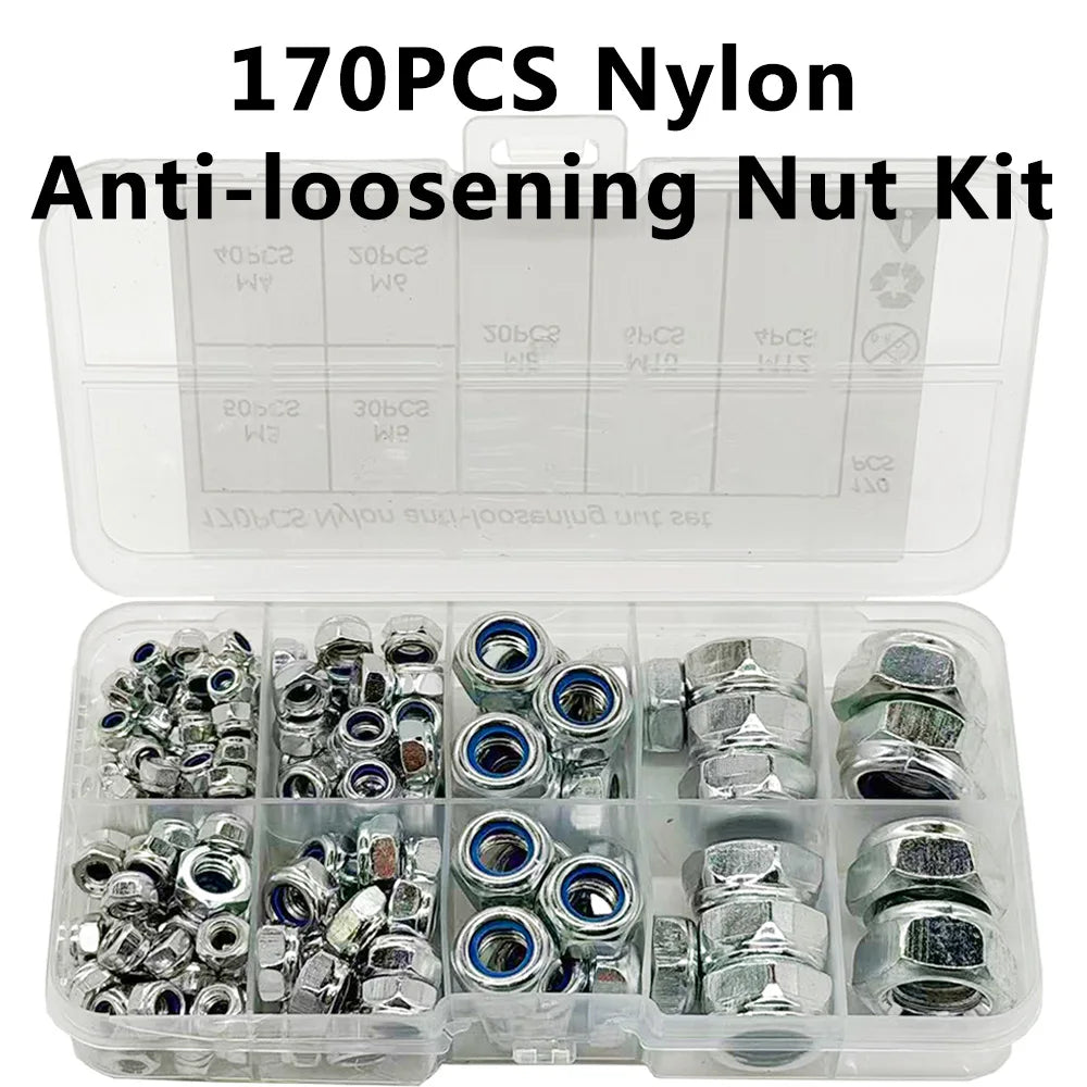 170-Piece Hex Nylon Insert Lock Nut Kit M3 M4 M5 M6 M8 M10 M12 Locknut Assortment Kit Axl Default Title