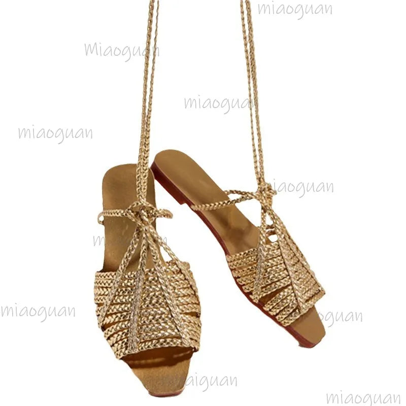 Women's Retro Cross-Tie Gladiator Flat Sandals – Gold Woven Gladiator Flat Sandals Axl
