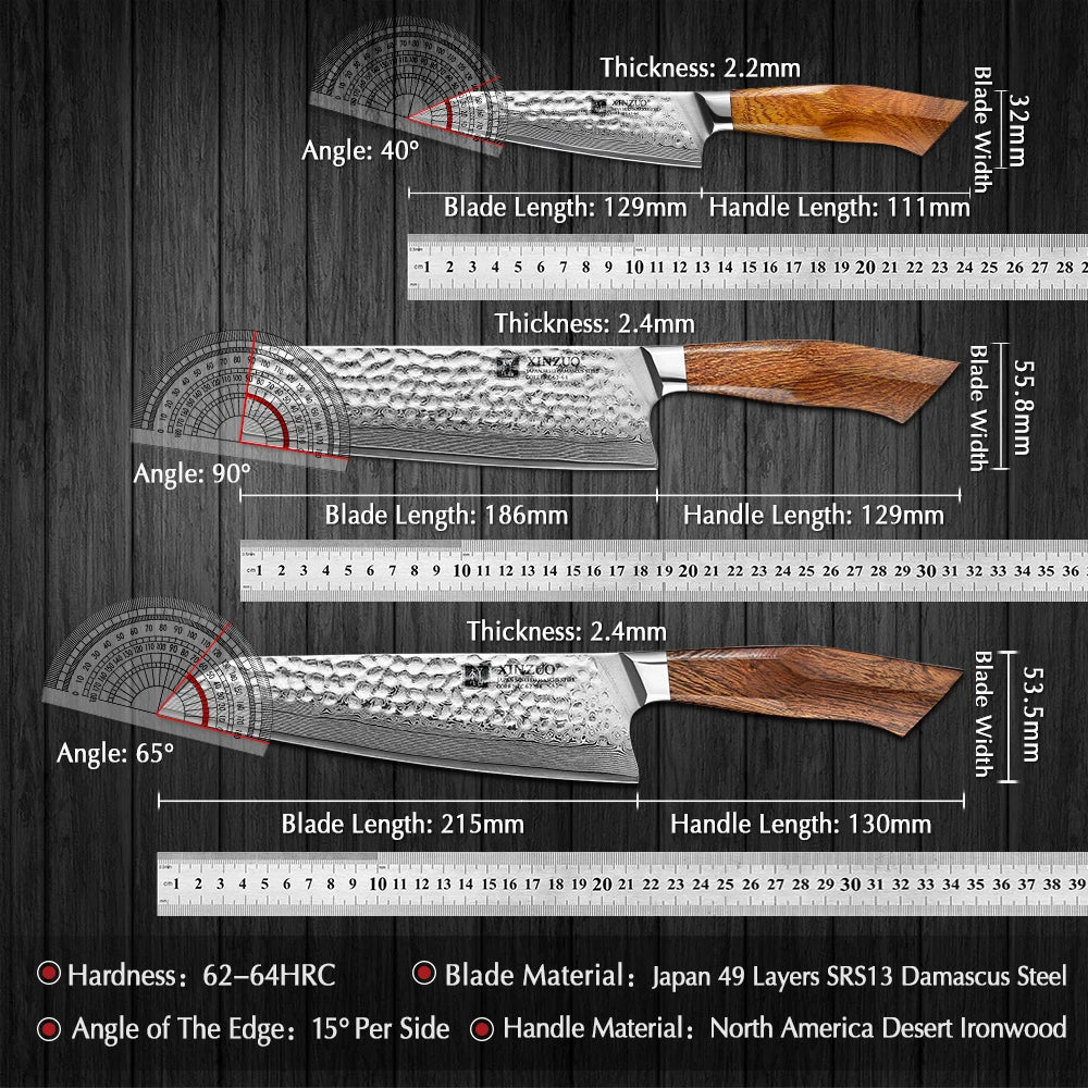 XINZUO 3-Piece Damascus Knife Set – Chef, Nakiri & Utility Damascus Knife Set Axl