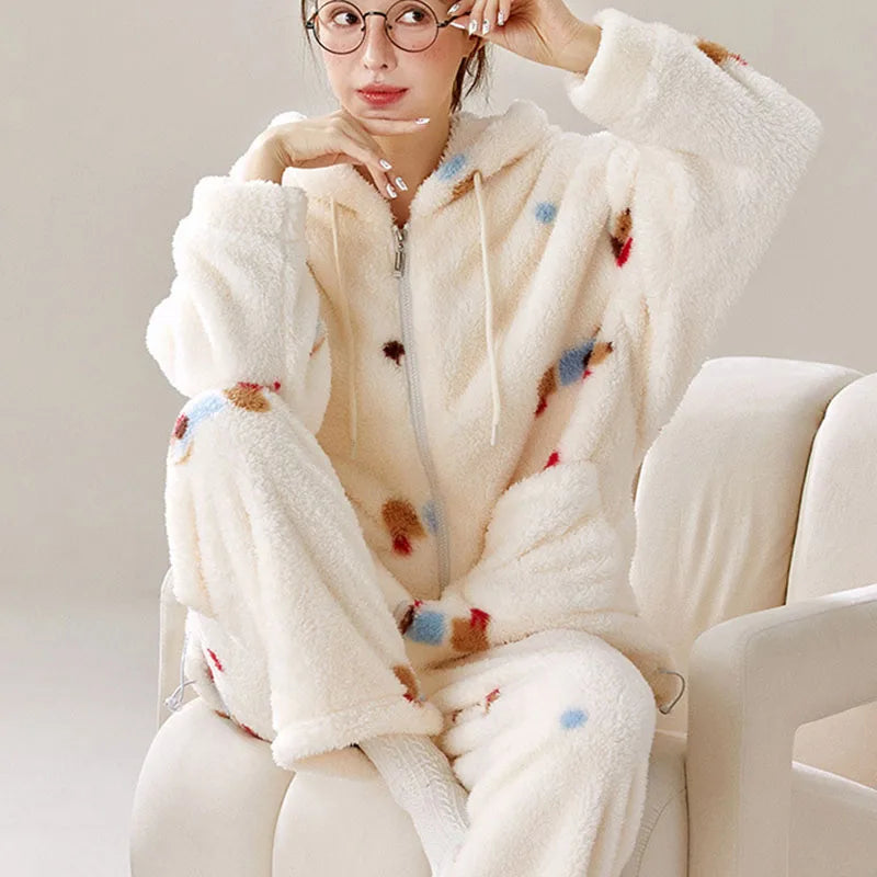 Women's Hooded Cartoon Pajama Set – Warm Fleece 2-Piece Homewear Women's Pajama Set Axl