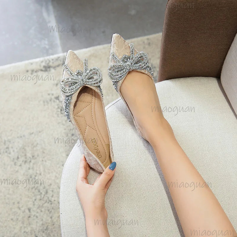 Rhinestone Bow Ballet Flats – Pointed Toe Crystal Women's Shoes Ballet Flats Axl