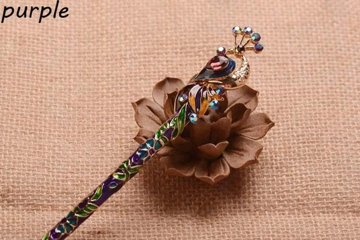 Retro Peacock Enamel Crystal Hair Stick Pin – Chinese Style Hair Stick Pin Axl purple