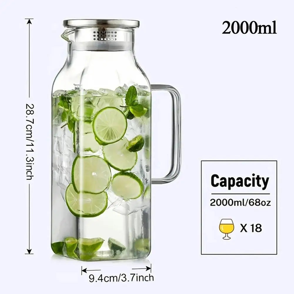 2L Glass Pitcher with Lid & Handle – Juice, Tea & Lemonade Jug Glass Beverage Pitcher Axl Clear