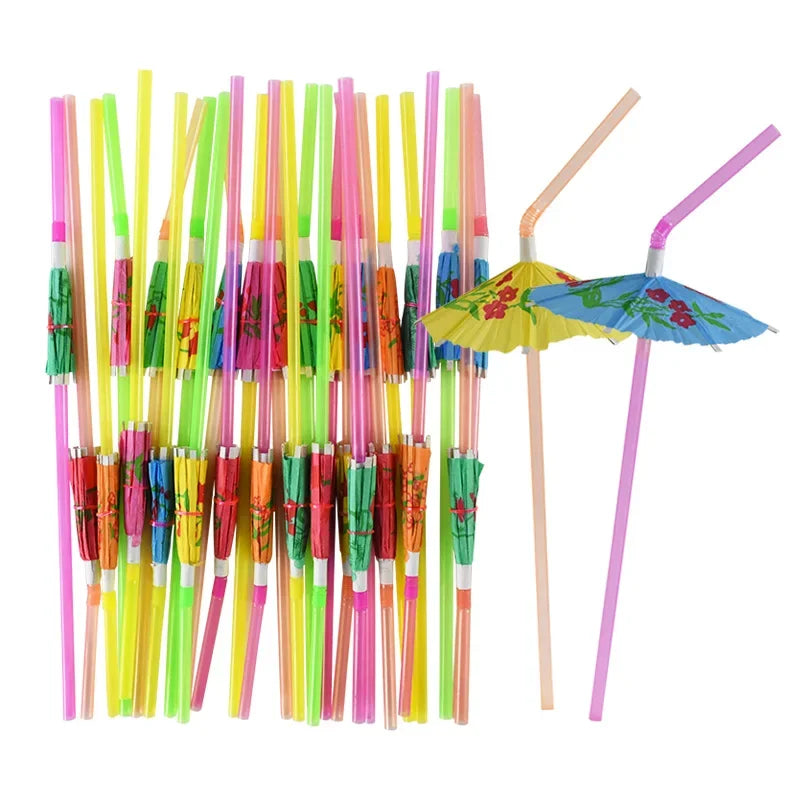 Cocktail Umbrella Straws – Fluorescent Hawaiian Party Decor Disposable Party Straws Axl