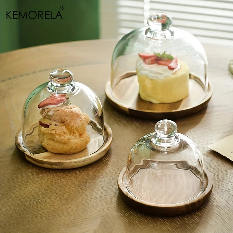 KEMORELA Bamboo Cake Stand with Clear Glass Lid | Dustproof Bamboo Cake Stand Axl