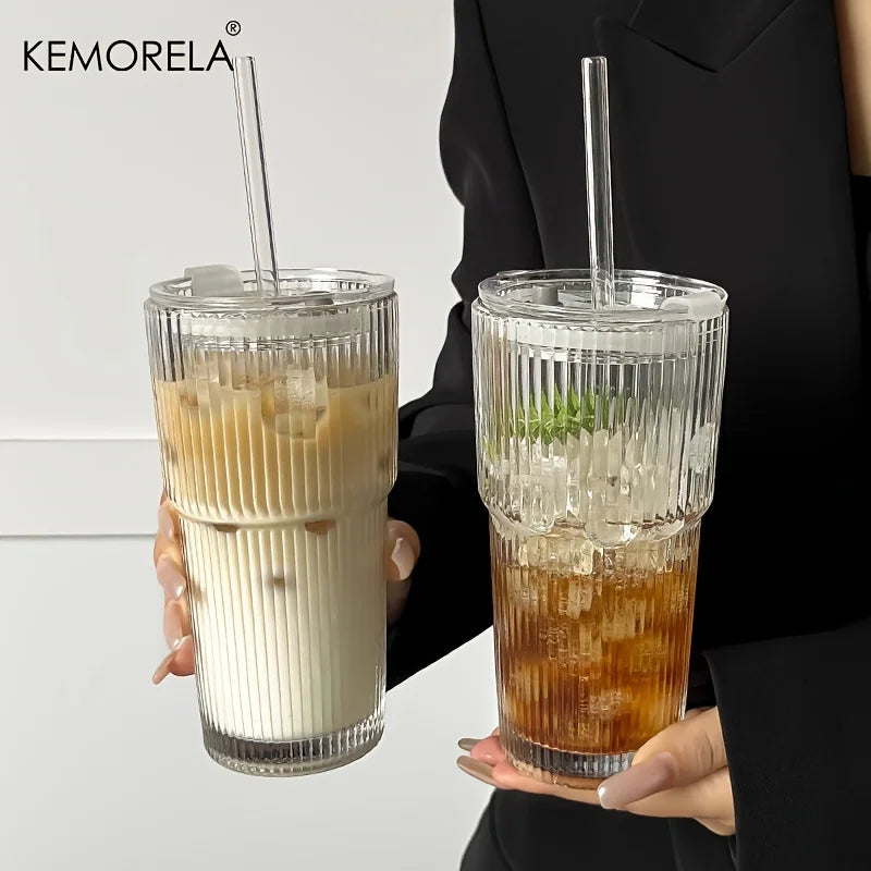 KEMORELA 600ml Striped Glass Cup with Lid & Straw | Iced Drinks Glass Drinking Cup Axl