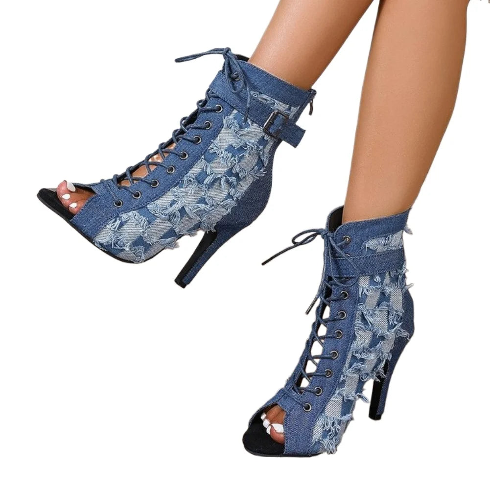 Women's Denim Peep Toe Ankle Boots – High Heel Short Booties Ankle Booties Axl