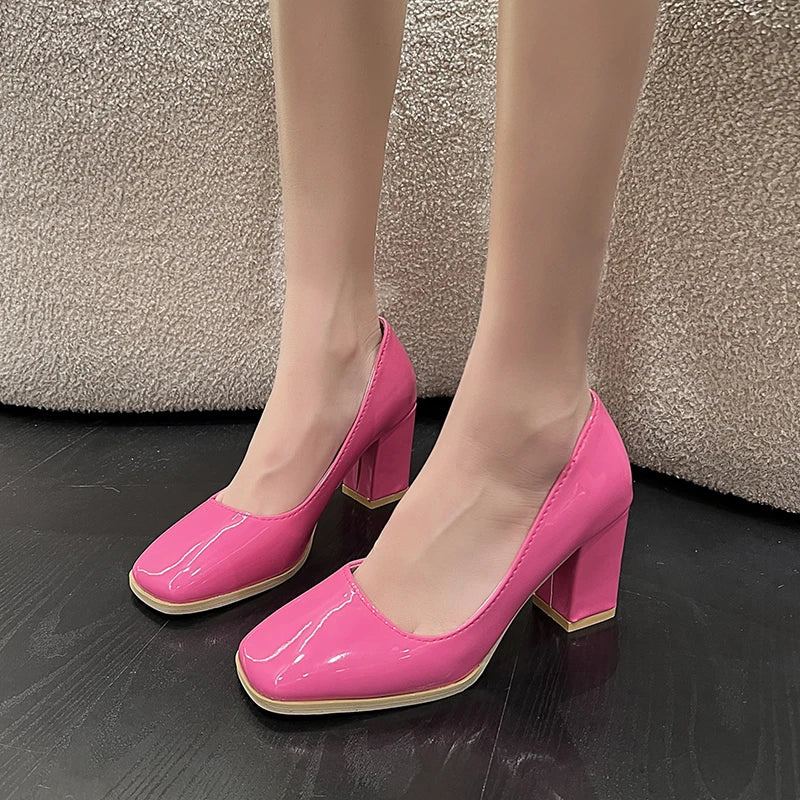 Women's Retro Square Toe Block Heel Pumps – Slip-On Dress Block Heel Pumps Axl 48 Rose red