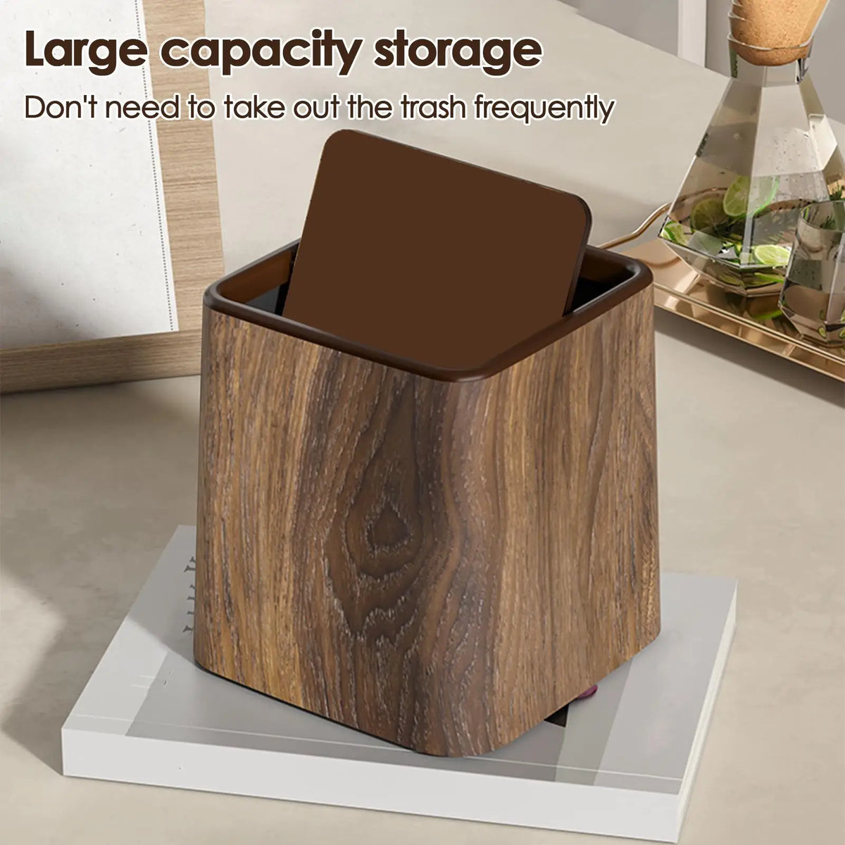 Retro Wood Grain Desk Trash Can with Lid | Small Desktop Bin Desktop Trash Can Axl