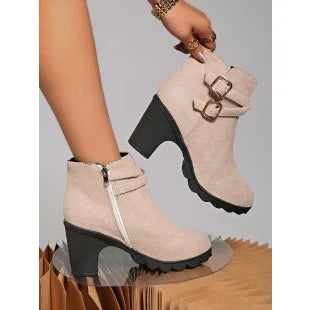 Women's Square Heel Ankle Boots – Faux Suede Winter Fashion Women's Ankle Boots Axl 35 Beige