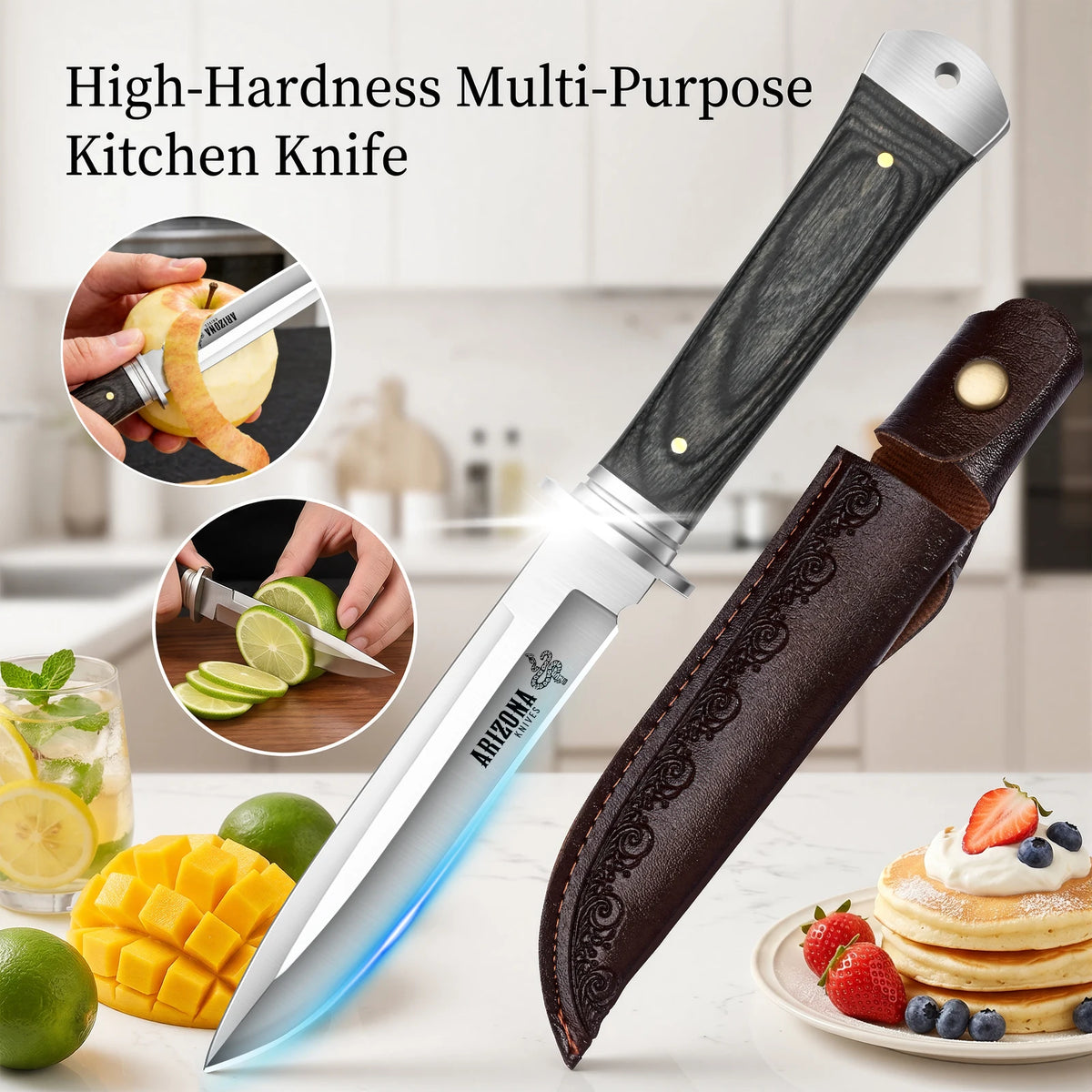 Fixed-Blade Kitchen Knife with Leather Sheath | 12.5" Steel Fixed-Blade Kitchen Knife Axl A
