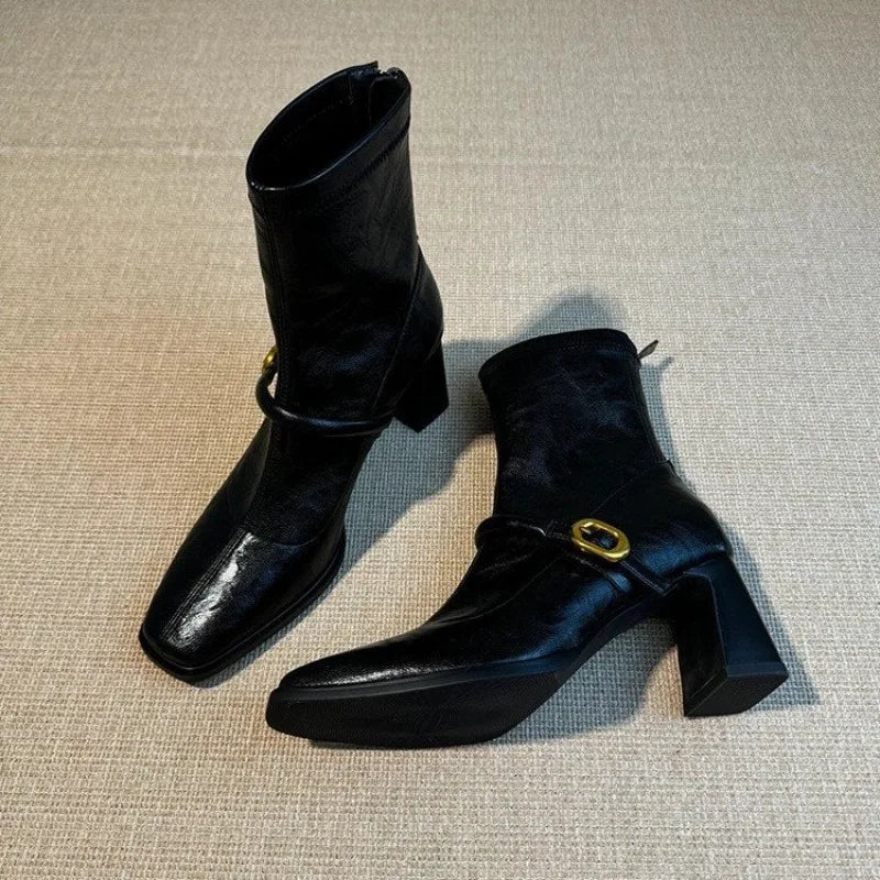 Women's Square Toe Block Heel Boots – Vintage Zip Booties Block Heel Boots Axl