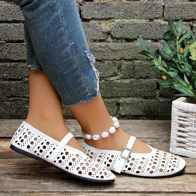 Women's Mary Jane Flats – Hollow Cutout Buckle Strap Round Toe Mary Jane Flats Axl
