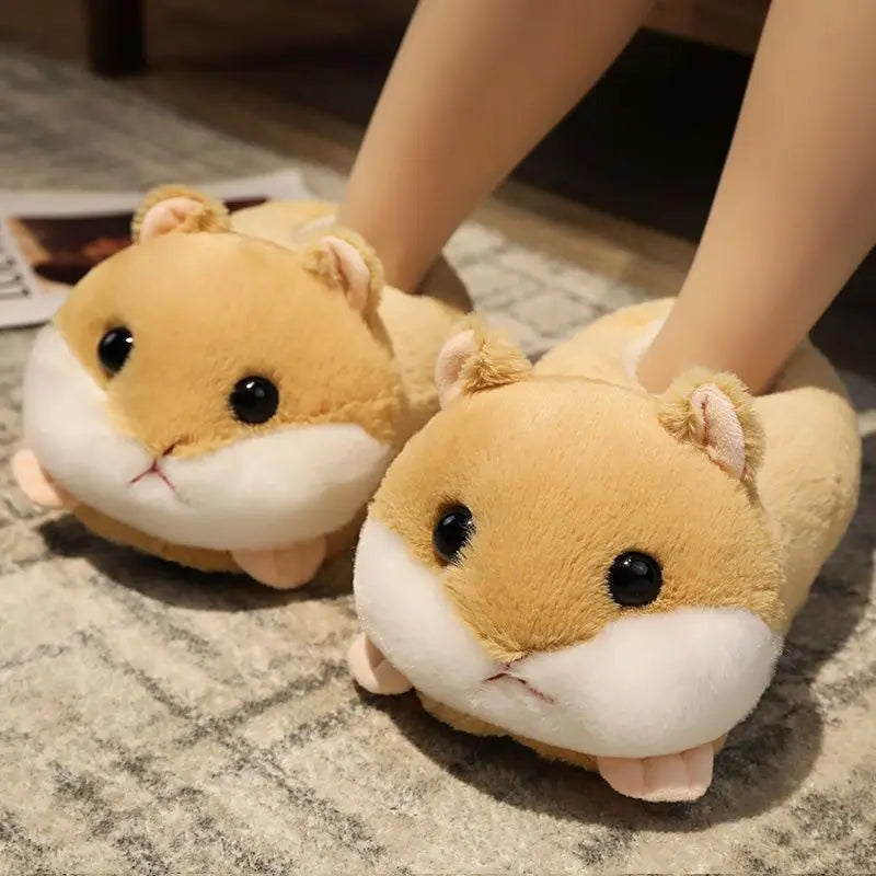 Cute Animal Fluffy Slippers – Women's Winter Cartoon Fur Slides Novelty Fur Slippers Axl Khaki Hamster Free Size (35-41)