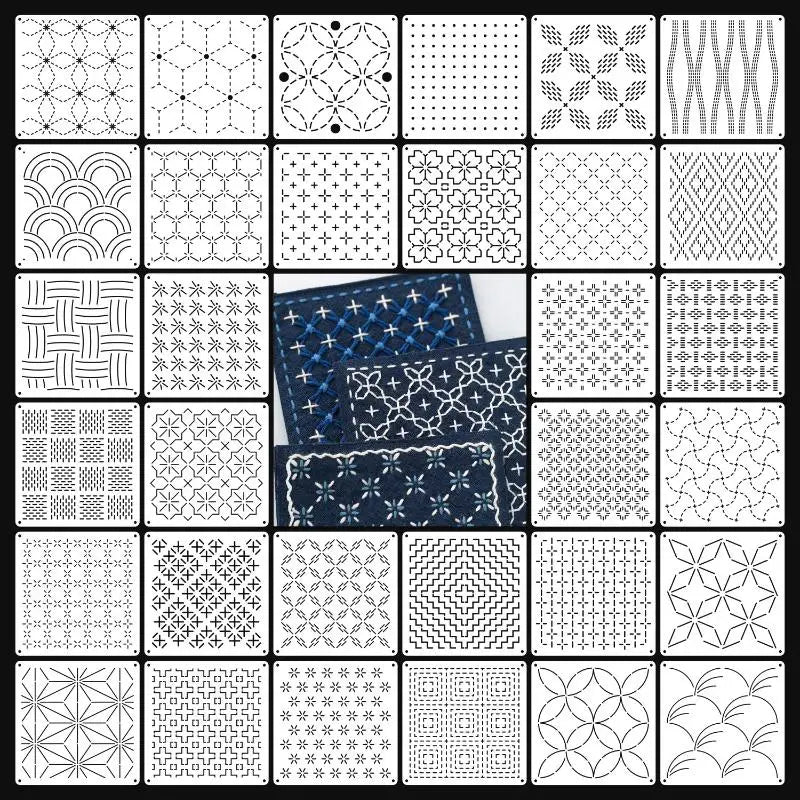 Sashiko Embroidery Stencils 9/32Pcs – Geometric PET Templates Embroidery Stencil Set Axl 32Pcs