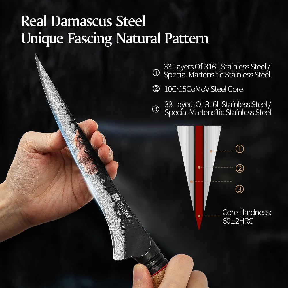 XINZUO 7.5" Damascus Steel Fillet Knife – 67-Layer Forged Blade Damascus Fillet Knife Axl