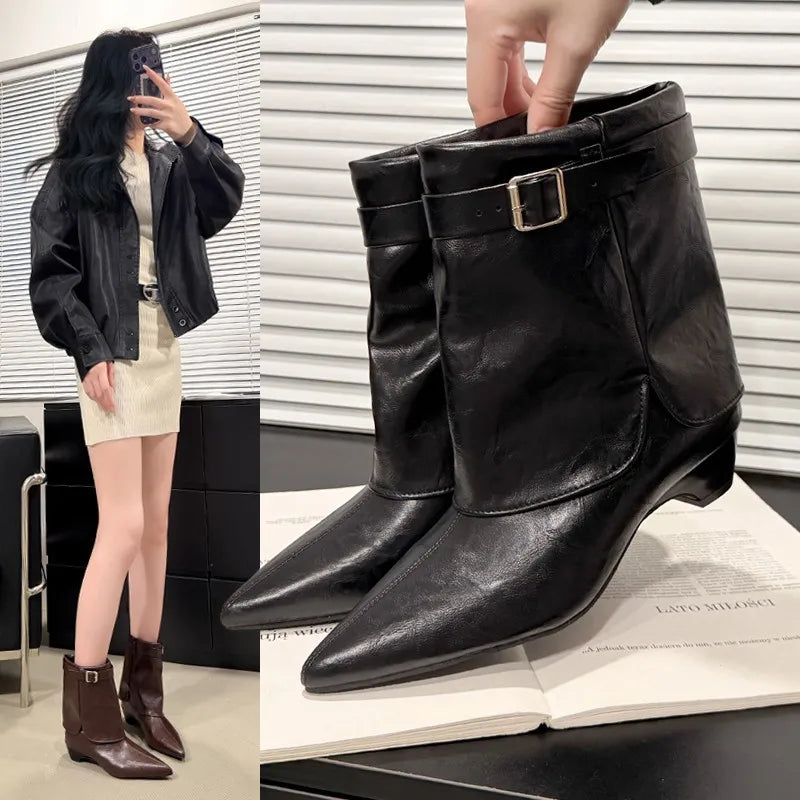 Women's Pointed Toe Mid-Calf Boots | Block Heel Metal Buckle Women's Mid-Calf Boots Axl