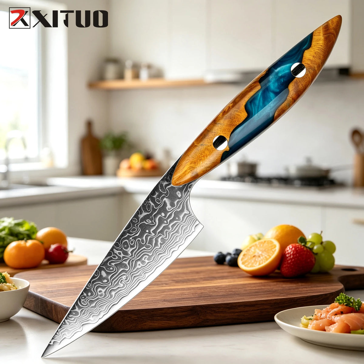XITUO 3.5" Damascus Steel Paring Knife – Full Tang Petty Knife Damascus Paring Knife Axl Resin Wood