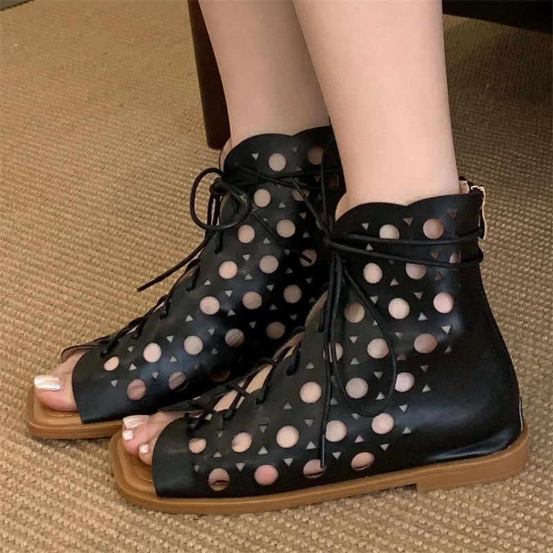 Women's Hollow Out Flat Gladiator Sandal Boots | Peep Toe Zip Gladiator Sandal Boots Axl