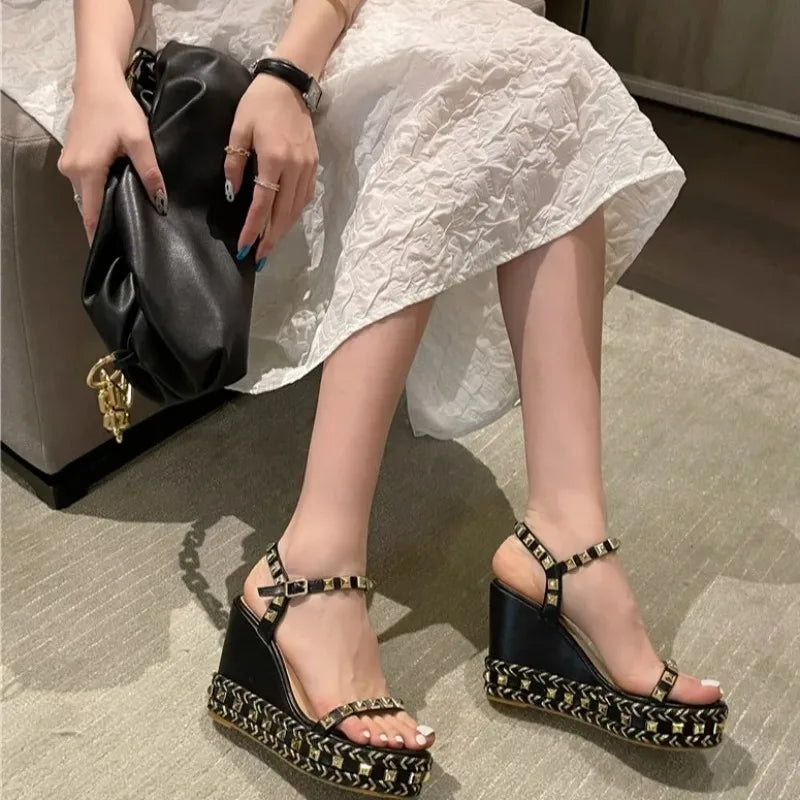 Women's Rivet Wedge Sandals – High Heel Buckle Strap Platform Wedge Sandals Axl
