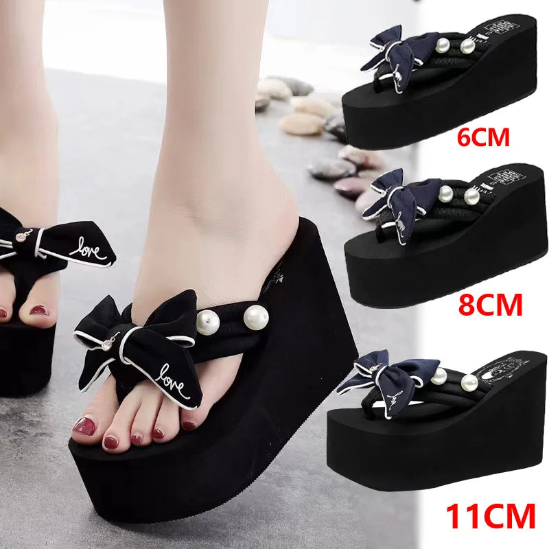 Women's High Heel Wedge Flip Flops – Pearl Bow Beach Slides Wedge Flip Flops Axl