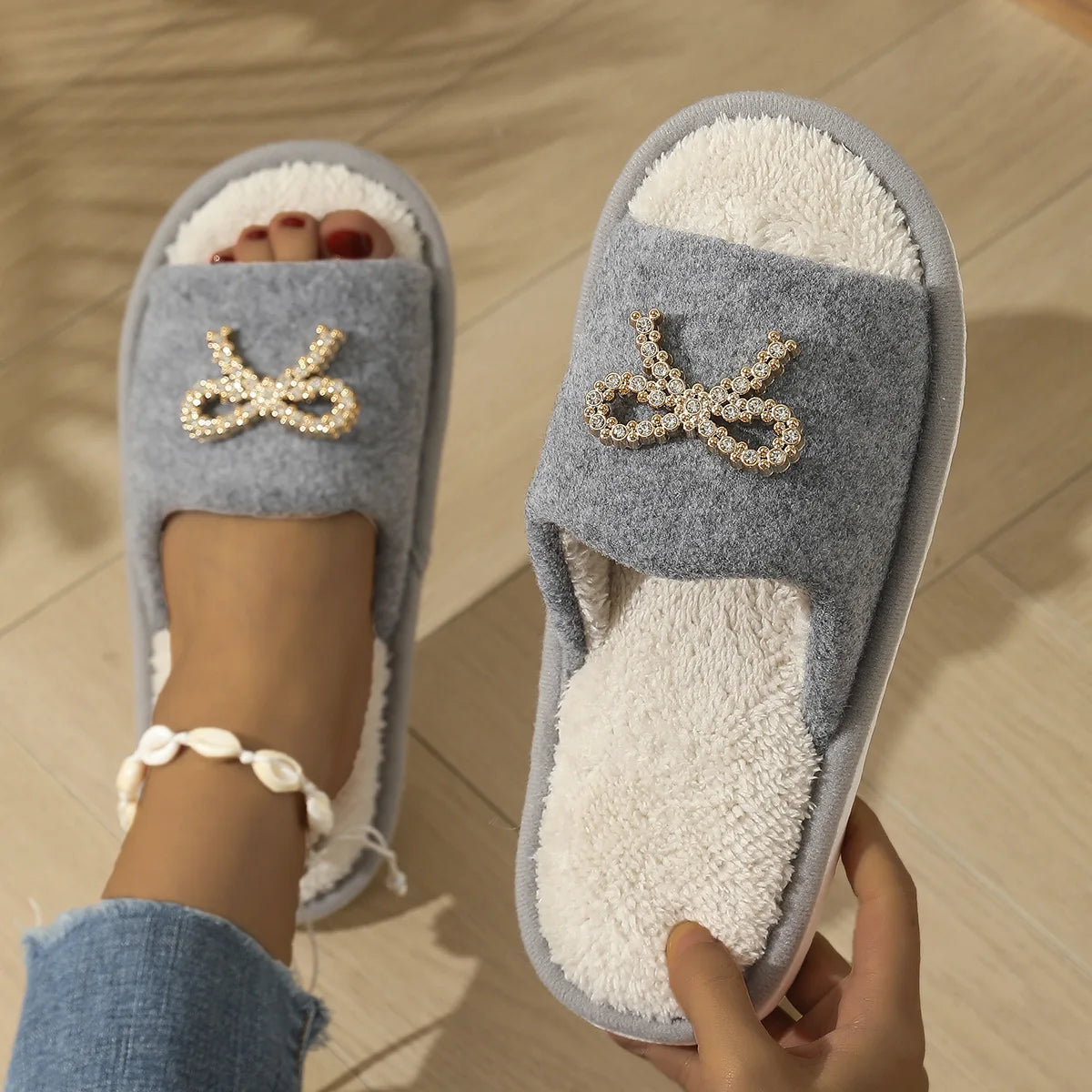 Women's Open Toe Plush Slippers – Butterfly-Knot Cork Sole Women's Slippers Axl grey 42-43