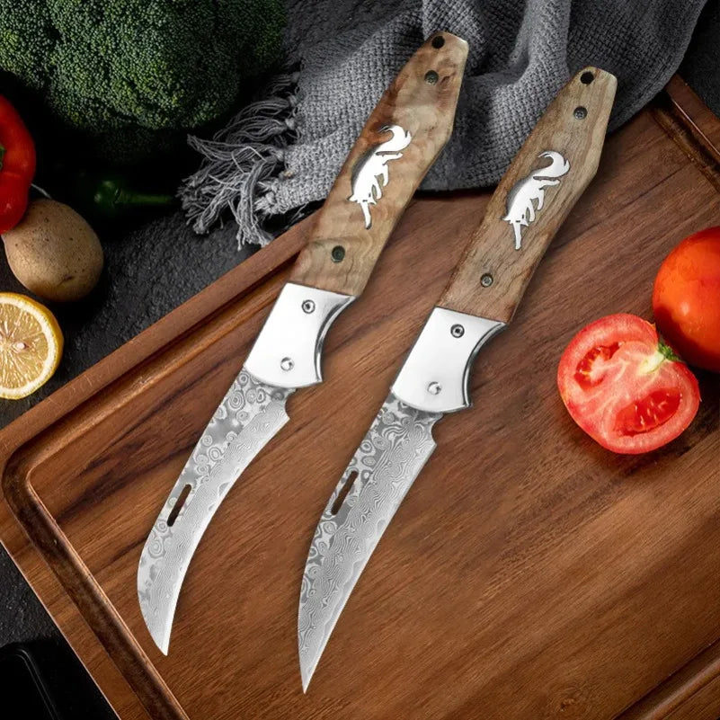 Damascus Steel Folding Knife – Sharp Wood Handle Kitchen Knife Folding Kitchen Knife Axl