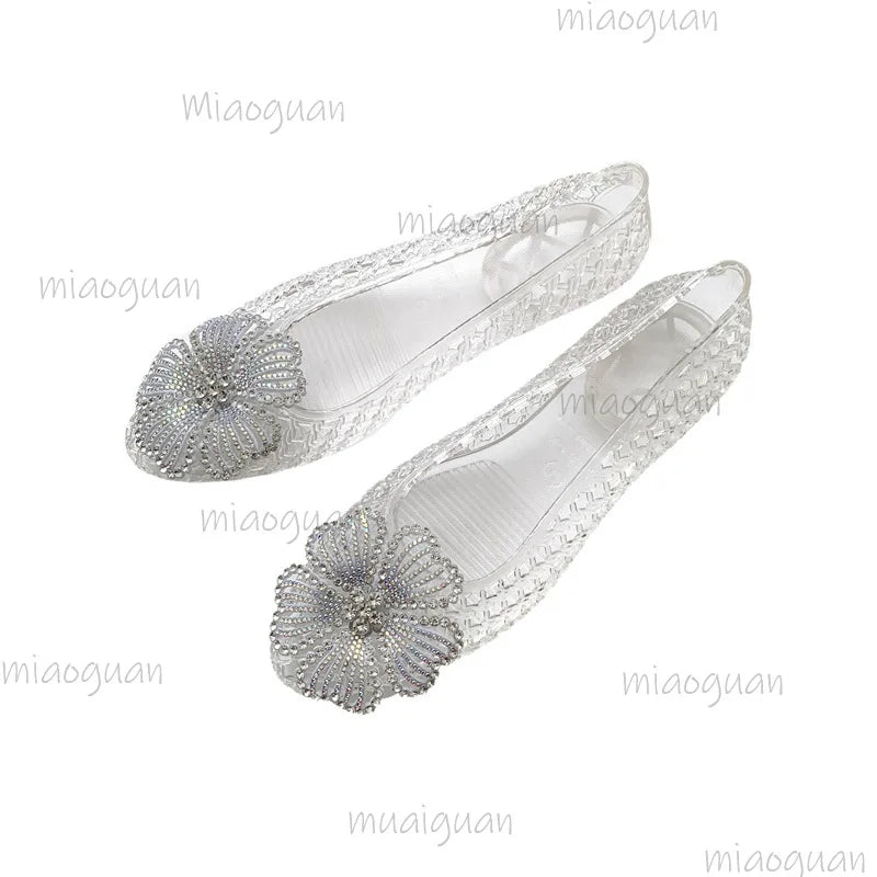 Crystal Jelly Sandals – Diamond Flower Pointed Toe Flats for Women Women's Jelly Sandals Axl