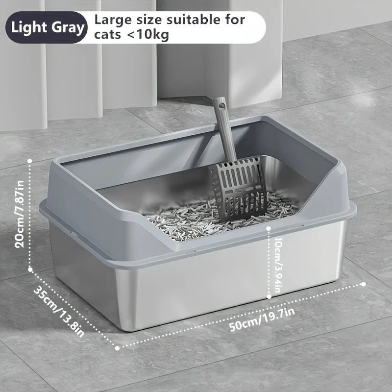 KEMORELA XL Stainless Steel Cat Litter Box with Lid & Scoop Cat Litter Box Axl Light Gray 50cm