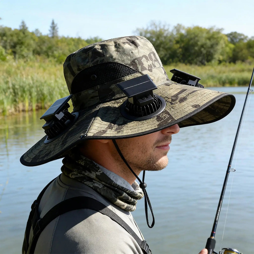 Solar Fan Hat – 4-Fan UV Wide Brim Fisherman Hat USB Charge Solar Fan Hat Axl
