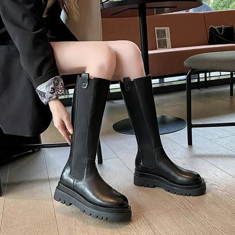 Women's Knee-High Chunky Platform Boots | PU Leather Zip Knee-High Platform Boots Axl