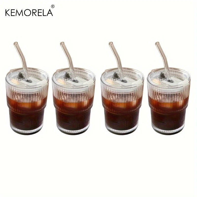 KEMORELA 450ml Stripe Glass Cups with Lid & Straw | 4/6 Pack Glass Drinkware Set Axl 4PCS 401-500ml