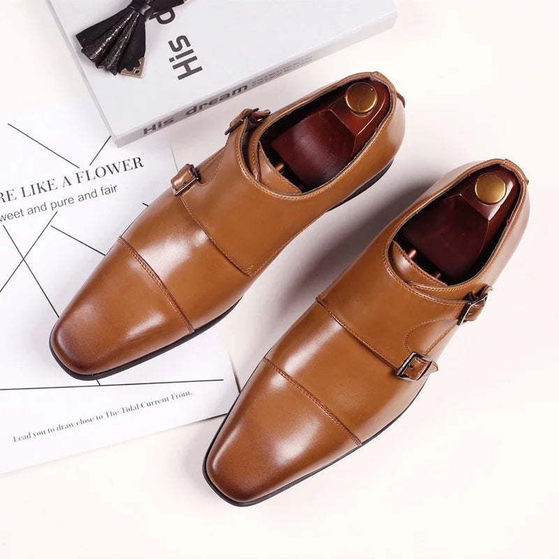 Men's Double Monk Strap Brogue Leather Dress Shoes Loafers Men's Dress Shoes Axl