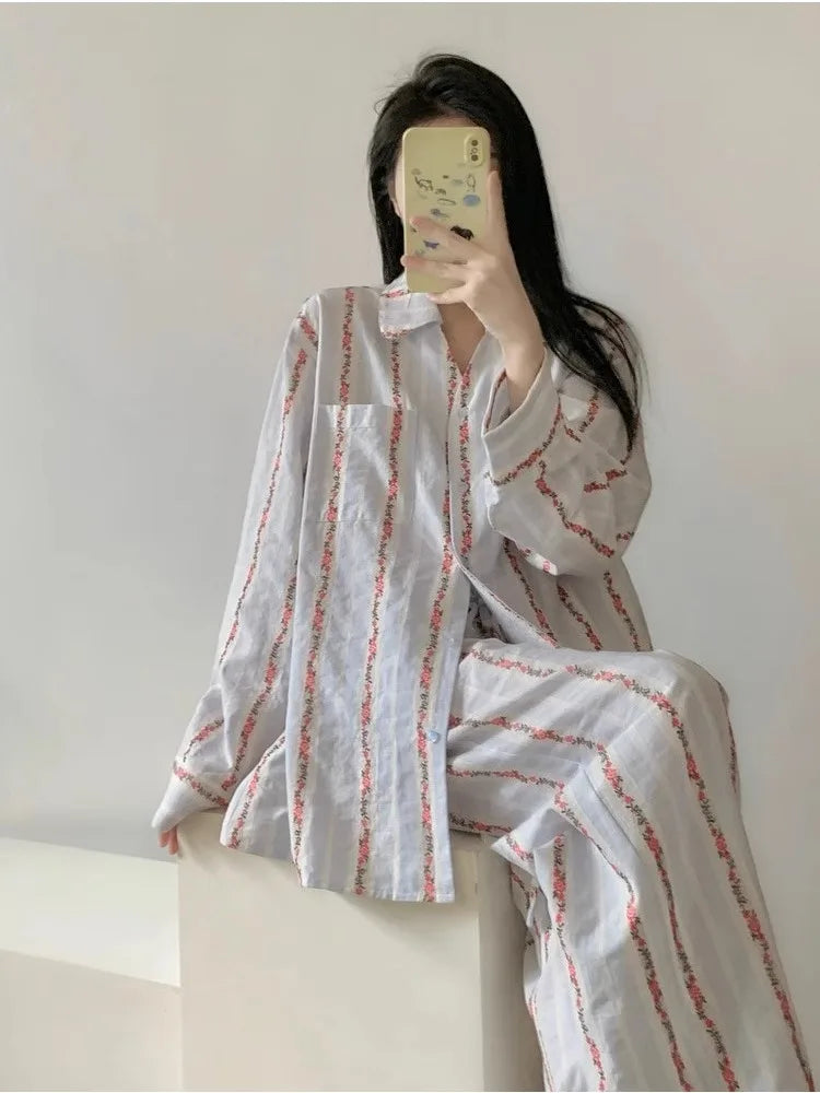 Women's Floral Striped Pajama Set – Soft Lapel Lounge Wear Women's Pajama Set Axl