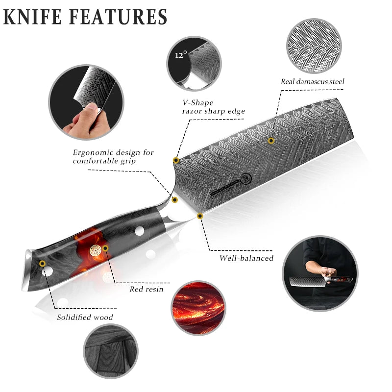 GrandSharp Nakiri Knife – AUS-10 Damascus Steel Maple Handle Nakiri Vegetable Knife Axl