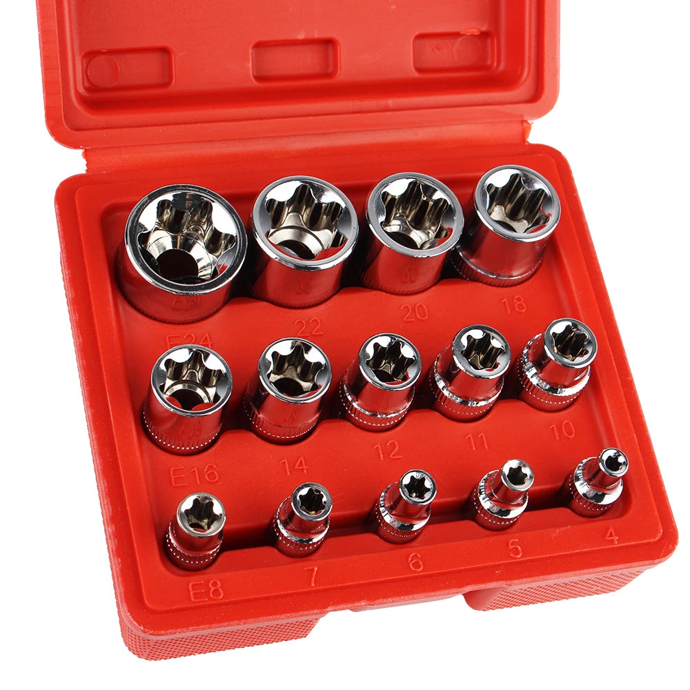 14-Pc E4–E24 Female Torx Star Socket Set with Case Torx Socket Set Axl