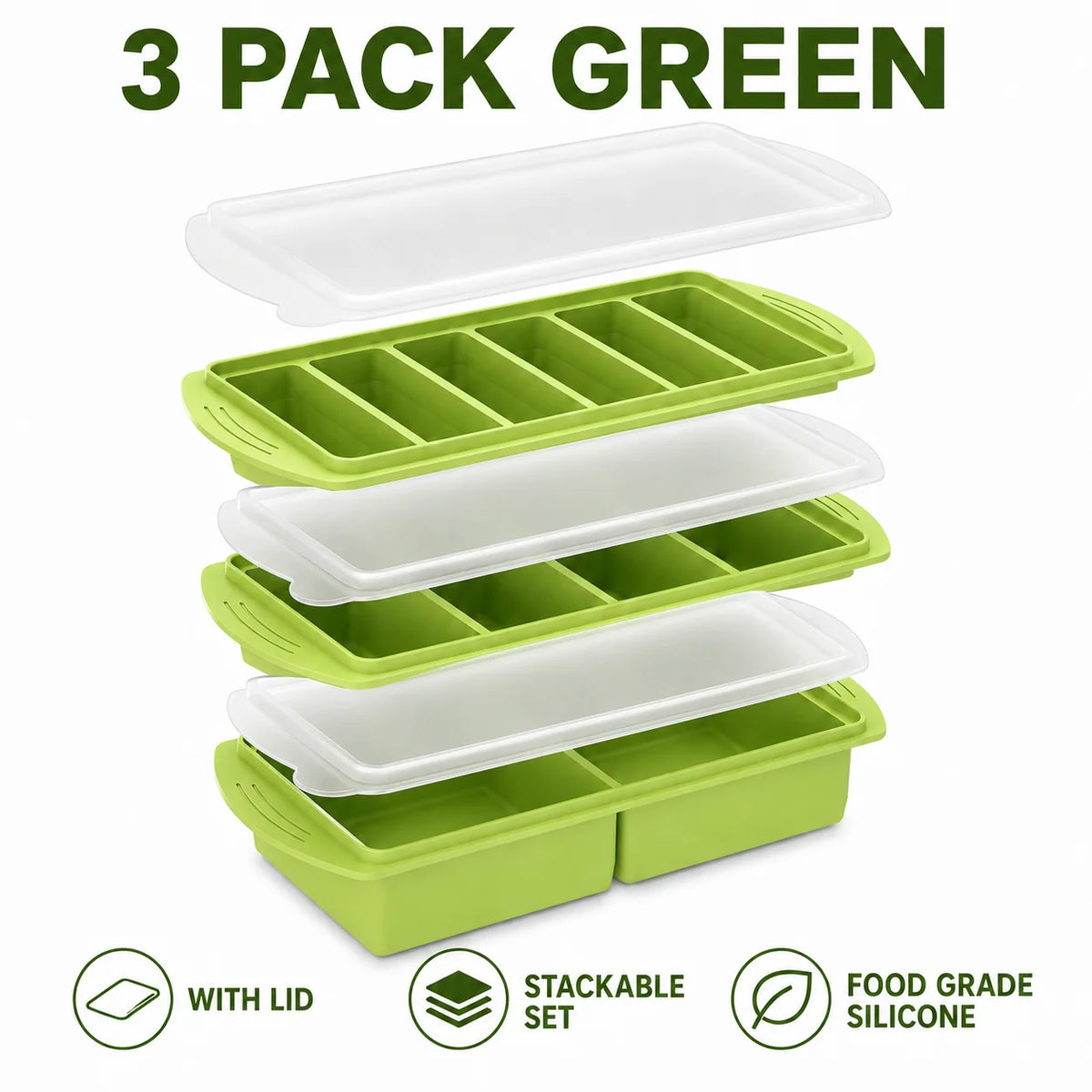 3-Pack Silicone Freezer Trays with Lids – 1 Cup Soup Molds Silicone Freezer Trays Axl 3 Pack Green