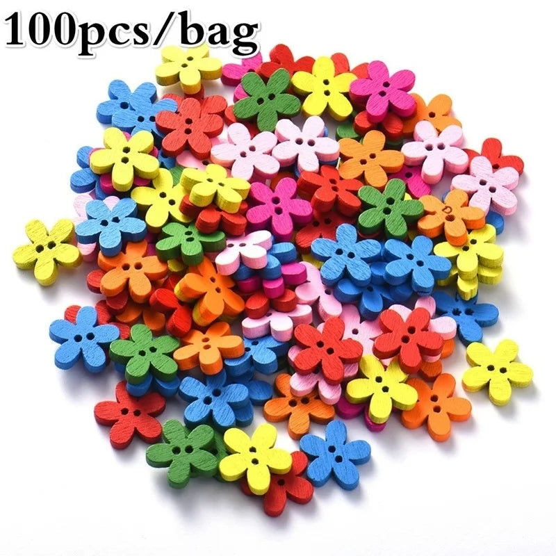 100 Pcs Flower Wooden Buttons 14x15mm – Mixed Color 2-Hole Wooden Craft Buttons Axl