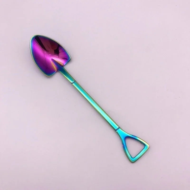 Shovel Shape Stainless Steel Dessert Spoon & Fruit Fork Novelty Flatware Axl spoon-Multicolor