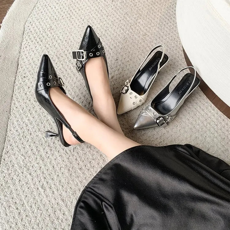 YBQJOO Women's Kitten Heel Sandals | Pointed Toe Buckle Strap Kitten Heel Sandals Axl